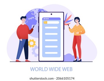 Global web connection concept. Man and girl standing near large smartphone. Chatting in Internet. Search engines, modern technologies, phone. Wireless connection. Cartoon flat vector illustration