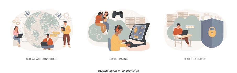 Global web connection isolated concept vector illustration set. Cloud gaming and security, cyber security engineering, network communication, internet, video streaming online vector concept.