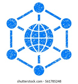 Global Web grainy textured icon for overlay watermark stamps. Flat symbol with unclean texture. Dotted vector blue ink rubber seal stamp with grunge design on a white background.