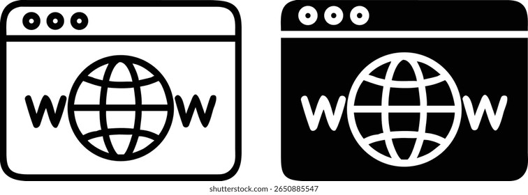 Globales Web-Icon-Set - Schwarz-Weiß-Vektor-Browser-Fenster mit WWW-Text und Globussymbol