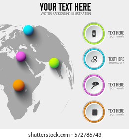 Global web infographic template with gray circles business icons and colorful balls on world map vector illustration