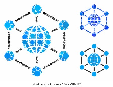 Global web mosaic of spheric dots in various sizes and color hues, based on global web icon. Vector small circles are composed into blue mosaic. Dotted global web icon in usual and blue versions.