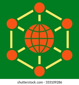 Global Web vector icon. Style is bicolor flat symbol, orange and yellow colors, rounded angles, green background.