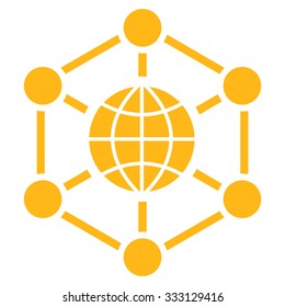 Global Web vector icon. Style is flat symbol, yellow color, rounded angles, white background.