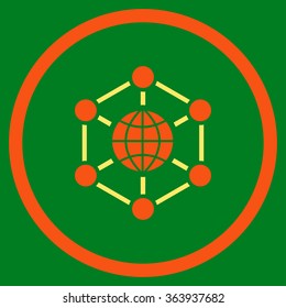 Global Web vector icon. Style is bicolor flat circled symbol, orange and yellow colors, rounded angles, green background.