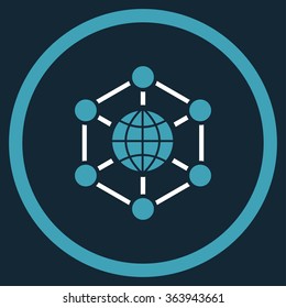 Global Web vector icon. Style is bicolor flat circled symbol, blue and white colors, rounded angles, dark blue background.