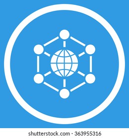 Global Web vector icon. Style is flat circled symbol, white color, rounded angles, blue background.