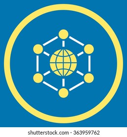 Global Web vector icon. Style is bicolor flat circled symbol, yellow and white colors, rounded angles, blue background.