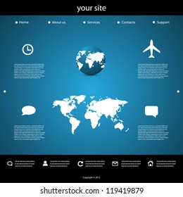 Global Website Template – Blue UI Layout with World Maps, Icons, and Navigation Menu. A global-themed website layout featuring a blue background with white icons and text elements. The top navigation bar includes links for Home, About us, Services, Contacts, and Support, under the site label “your site.” The central section displays a globe and a flat world map, accompanied by icons such as a clock, airplane, speech bubbles, and more, each paired with placeholder text blocks. The footer includes additional icons and a copyright notice dated 2012. This clean and modern UI template is ideal for use in web design presentations, branding visuals, editorial layouts, and digital communication themes. Suitable for both commercial and editorial use across print and digital platforms.