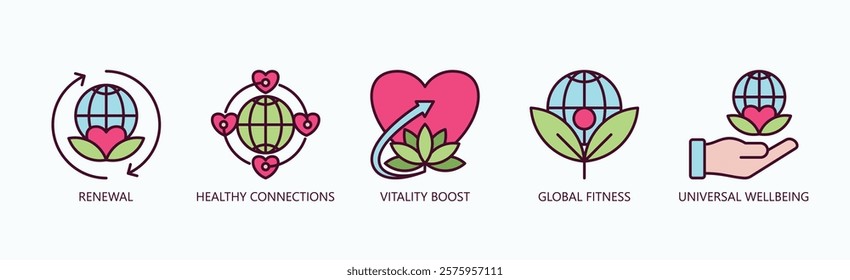 Global Wellness Icon Set Isolated Vector With Icon Of Renewal, Healthy Connections, Vitality Boost, Global Fitness, Universal Wellbeing In Outline Color Style