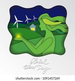 Global Wind day. 15 june. Vector Illustration with wind turbines in the field and mother of nature brings light