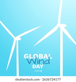 Global wind day 15 june. Windmills on blue background. White silhouettes of wind turbines. Wind towers with vanes. Holiday poster, flyer, banner for social networks, news websites. Vector illustration