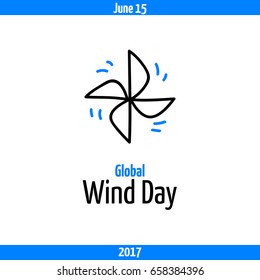 Global Wind Day 2017, June 15. Banner with pinwheel, symbol of wind industry. Vector sketchy clip art, isolated on white