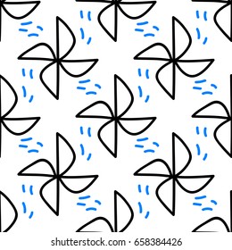 Global Wind Day 2017, June 15. Seamless pattern with pinwheel, symbol of wind farm. Vector sketchy tileable background, isolated on white