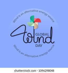 Global Wind Day card. Lettering with colorful pinwheel. Concept of ecological holiday. Vector illustration. Windmills, symbol of wind industry isolated on blue.