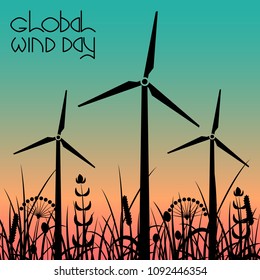 Global Wind Day. Concept of ecological holiday. 15 June. Wind turbines against the background of the evening sky and grass