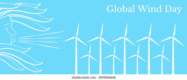 Global Wind Day. Concept of ecological holiday. 15 June. Wind symbol - face in profile, blowing, hair fluttering. Wind Turbines. Horizontal orientation