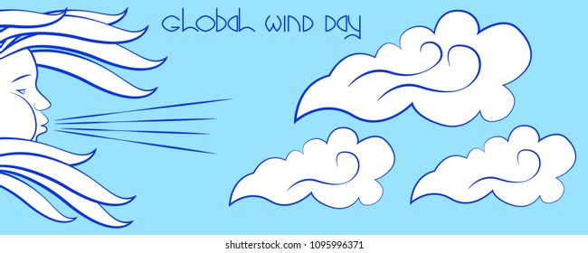 Global Wind Day. Concept of ecological holiday. 15 June. Wind symbol - face in profile, blowing, hair fluttering. Clouds fly across the sky. Horizontal orientation