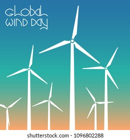 Global Wind Day. Concept of ecological holiday. 15 June. Wind turbines against the background of the sky