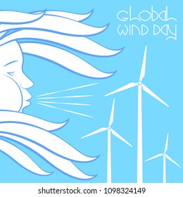 Global Wind Day. Concept of ecological holiday. 15 June. Wind symbol - face in profile, blowing, hair fluttering. Wind Turbines. Lettering event name