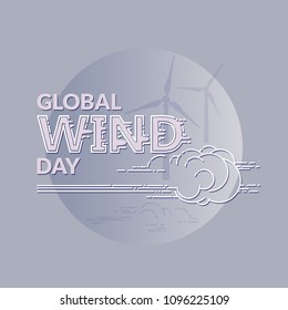 Global Wind day emblem isolated on grey background. Linear wind, cloud  and  word. 15 june world ecology holiday. Event label, greeting card, decoration graphic element. Vector illustration.