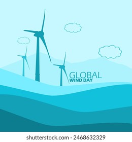 Global Wind Day event banner. windmill turbine as wind power on light blue background to celebrate on June 15th