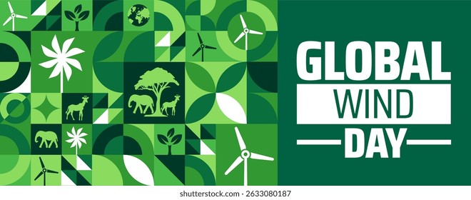 Dia de vento global Modelo de desenho de banner ou cartaz de fundo de padrão geométrico. observado todos os anos em junho. Conceito de férias. Use para qualquer modelo, cartão, cartaz, cartaz, modelo.