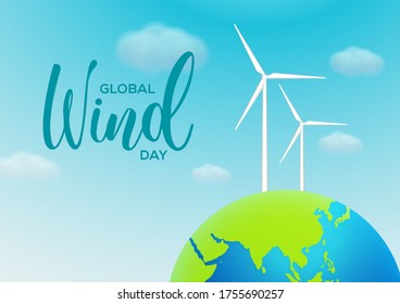 global wind day poster, earth and wind turbines with blue sky