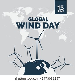 global wind day. turbines and world map concept design. wind day social media post.