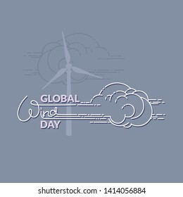 Global Wind Day vector illustration. Linear wind, cloud  and handwritten word. World ecology holiday. Event label, greeting card, decoration graphic element.