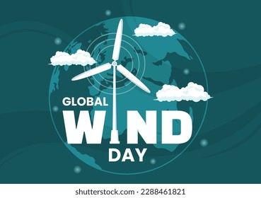 Global Wind Day Vector Illustration on June 15 with Earth Globe and Winds Turbines on Blue Sky in Flat Cartoon Hand Drawn Landing Page Templates