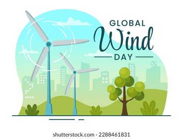 Global Wind Day Vector Illustration on June 15 with Earth Globe and Winds Turbines on Blue Sky in Flat Cartoon Hand Drawn Landing Page Templates