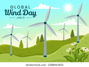 Global Wind Day Vector Illustration on June 15 with Earth Globe and Winds Turbines on Blue Sky in Flat Cartoon Hand Drawn Landing Page Templates