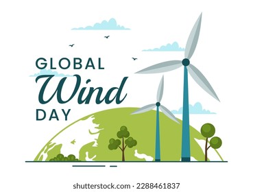 Global Wind Day Vektor Illustration am 15. Juni mit Earth Globe und Windturbinen auf blauem Himmel in flach kartoon handgezeichnet Landing Page Templates