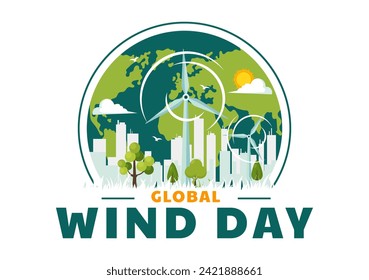 Ilustración del Vector del Día Mundial del Viento el 15 de junio con el Globe de la Tierra y las turbinas eólicas para sistemas de energía y energía en el cielo azul en fondo de caricatura plana