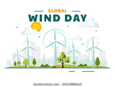 Ilustración del Vector del Día Mundial del Viento el 15 de junio con el Globe de la Tierra y las turbinas eólicas para sistemas de energía y energía en el cielo azul en fondo de caricatura plana