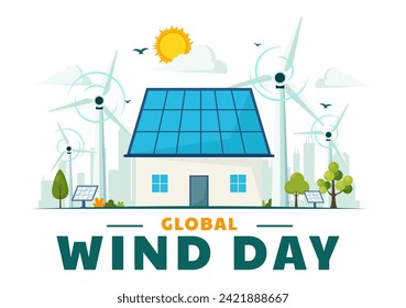 Global Wind Day Vector Illustration on June 15 with Earth Globe and Winds Turbines for Power and Energy Systems on Blue Sky in Flat Cartoon Background