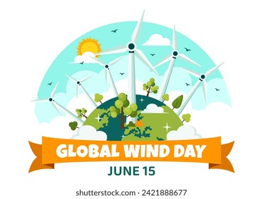 Global Wind Day Vector Illustration on June 15 with Earth Globe and Winds Turbines for Power and Energy Systems on Blue Sky in Flat Cartoon Background