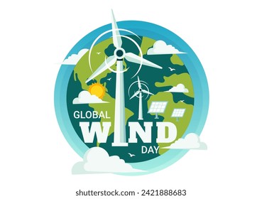 Global Wind Day Vector Illustration on June 15 with Earth Globe and Winds Turbines for Power and Energy Systems on Blue Sky in Flat Cartoon Background