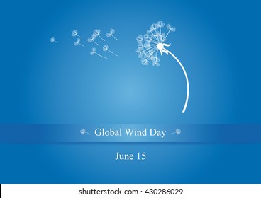 Global wind day vector. Vector illustration. White dandelion on a blue background