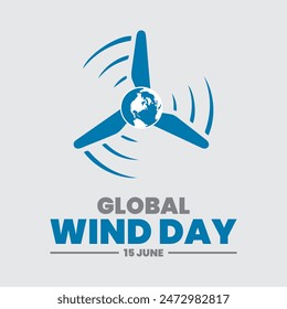 global wind day, world wind day with turbine fan and world map. wind day social media post design, eps file.