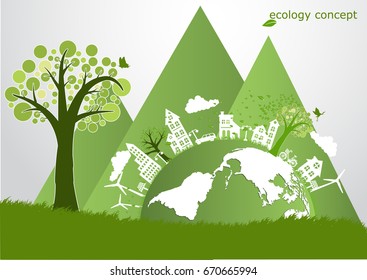 The Global ,windmill and solar panels on the grass ,Environmentally friendly world. Vector illustration of ecology,concept protect the environment and The earth