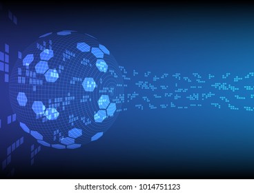 Global wire frame and hexagon set with pixel line in perspective view, Technology abstract communication background concept , Vector illustration.