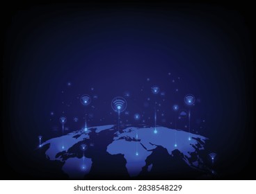 Global wireless network concept featuring a glowing digital world map connected through WiFi signals and communication nodes across different regions. The futuristic design represents worldwide connectivity, IoT, internet communication, wireless technology and digital infrastructure. Suitable for global business, telecommunications, smart networks, data connectivity, digital transformation and worldwide online services.