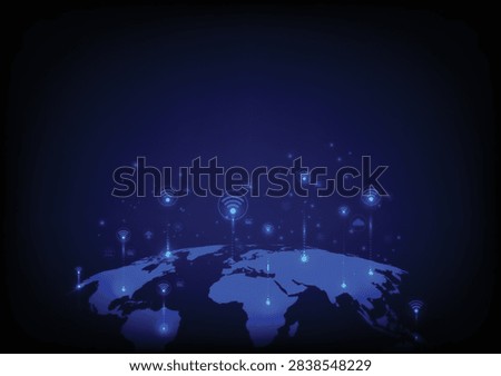 Global wireless network concept featuring a glowing digital world map connected through WiFi signals and communication nodes across different regions. The futuristic design represents worldwide connectivity, IoT, internet communication, wireless technology and digital infrastructure. Suitable for global business, telecommunications, smart networks, data connectivity, digital transformation and worldwide online services.