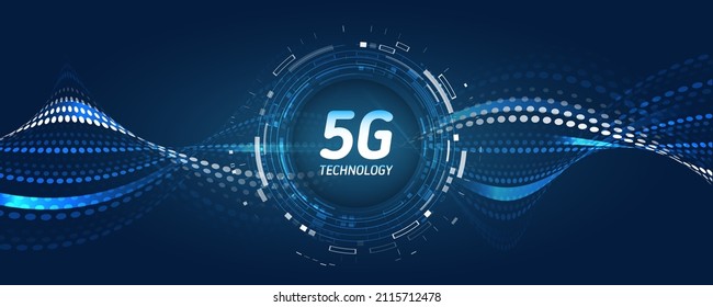 Das globale Wireless-Standardkonzept. High-Tech-Kommunikationsgrafik auf blauem Hintergrund. 5G-Hochgeschwindigkeits-Informationstechnologie.