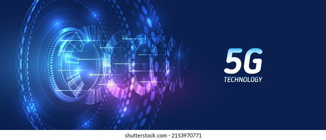 The global wireless standard concept. Hi-tech communication illustration on a blue background. 5G high-speed information transmission technology.