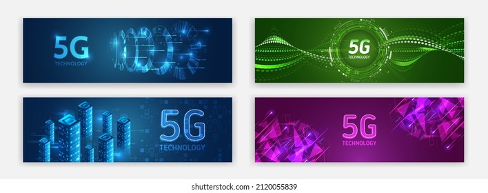 The global wireless standard for websites. 5G high-speed, media cover design. Horizontal header web background. High tech design with technological elements. Science and digital technology concept.