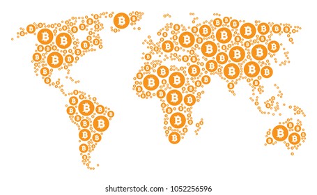 Global world atlas collage constructed of bitcoin coin icons. Vector bitcoin coin pictograms are composed into mosaic earth pattern.