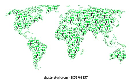Global world atlas concept done of flora plant design elements. Vector flora plant items are combined into geometric continental composition.